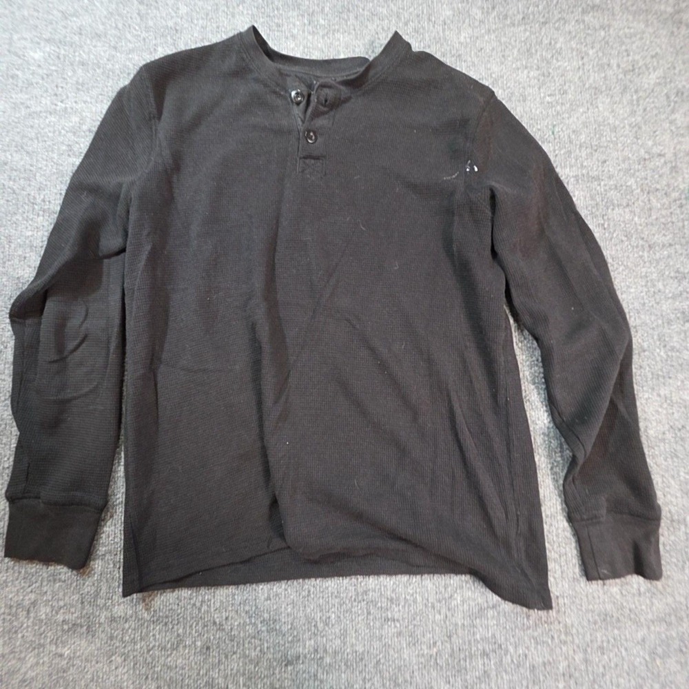 Faded Glory Shirt Mens Large Black Thermal Henley Long Sleeve Knit Top